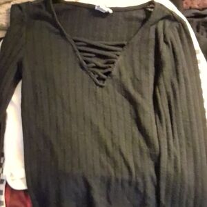 Black Ribbed Sweater with Lace-Up Detail